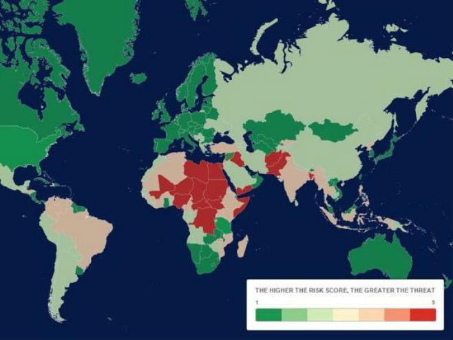 Мапа о потенцијалној опасности од терористичких напада (photo: http://www.aon.com) - 