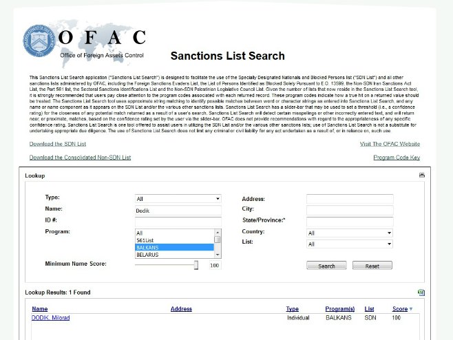 САД увеле санкције Додику (Фото: sanctionssearch.ofac.treas.gov) - 