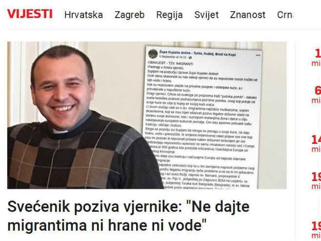 Свештеник Јосип Томић: Ускратите мигрантима храну и воду - Фото: Screenshot