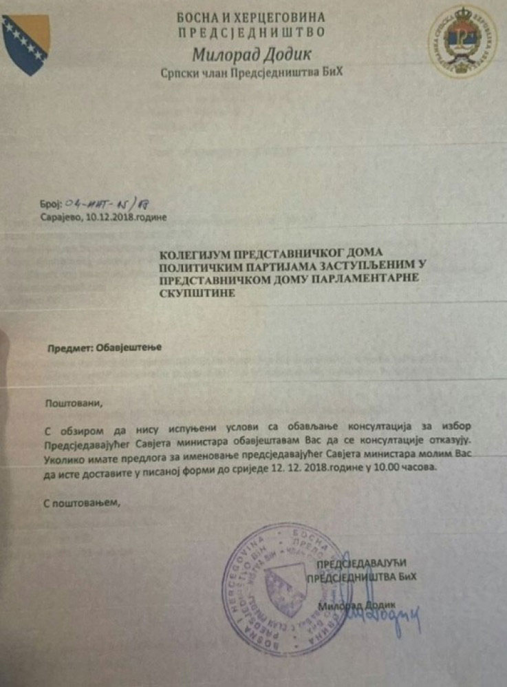Dopis Milorada Dodika (foto: avaz.ba) 
