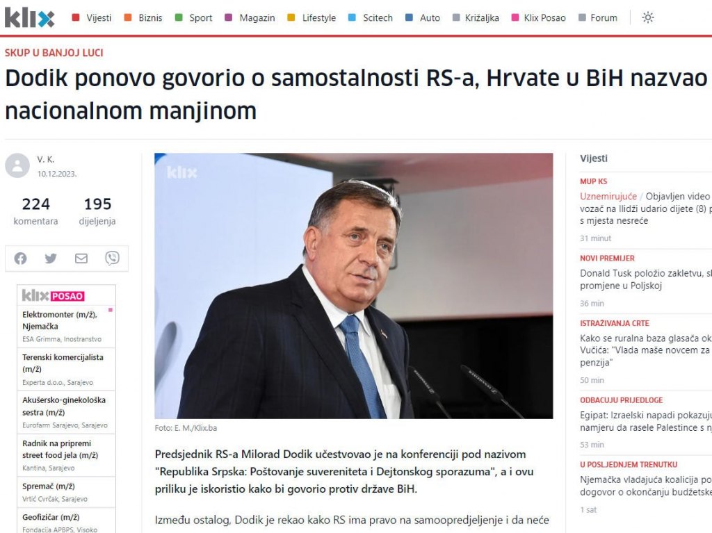 Сарајевско медијско манипулисање изјавама (Фото: klix.ba/Screenshot)