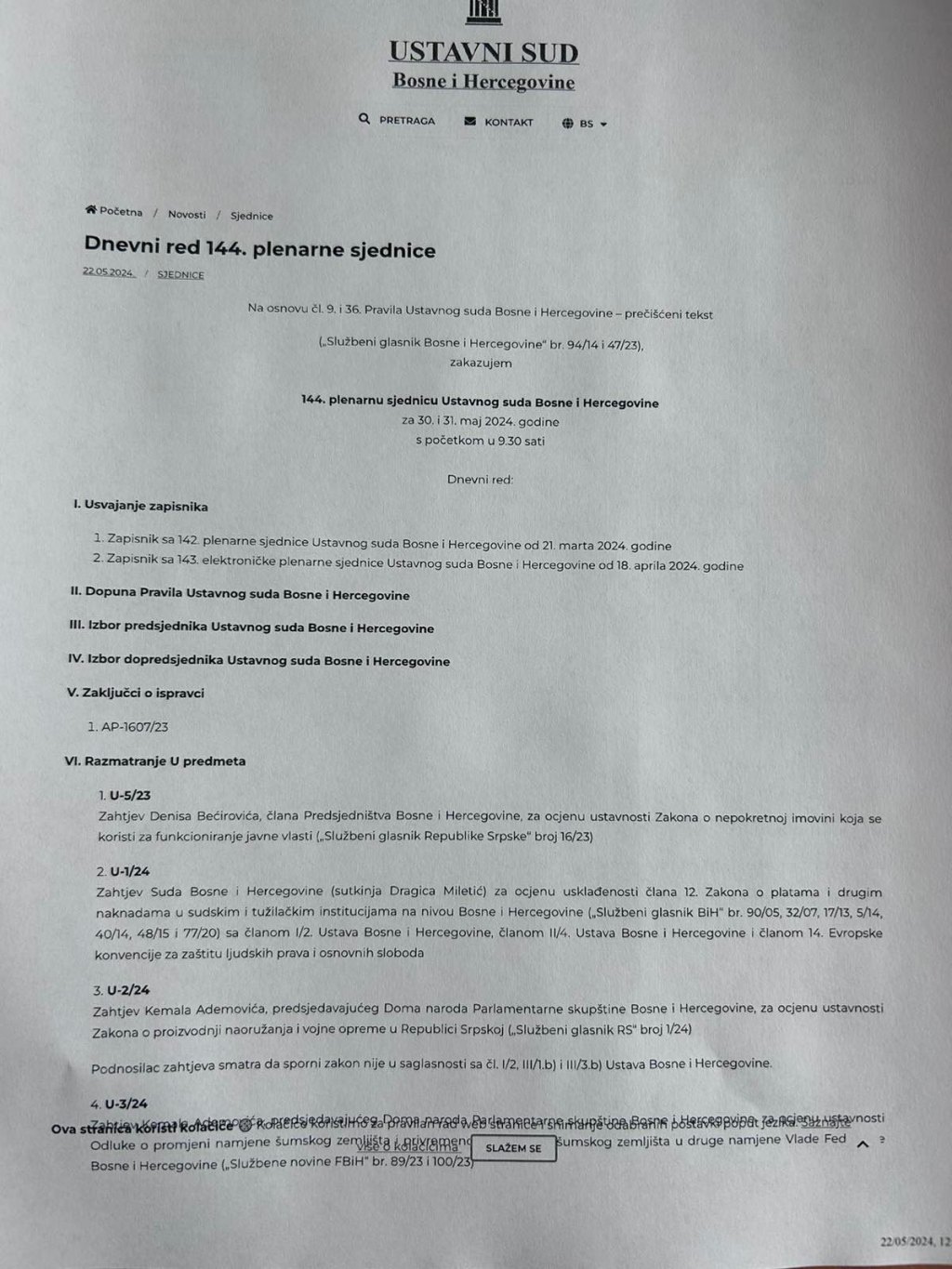 Dnevni red 144. plenarne sjednice (Ustupljena fotografija)