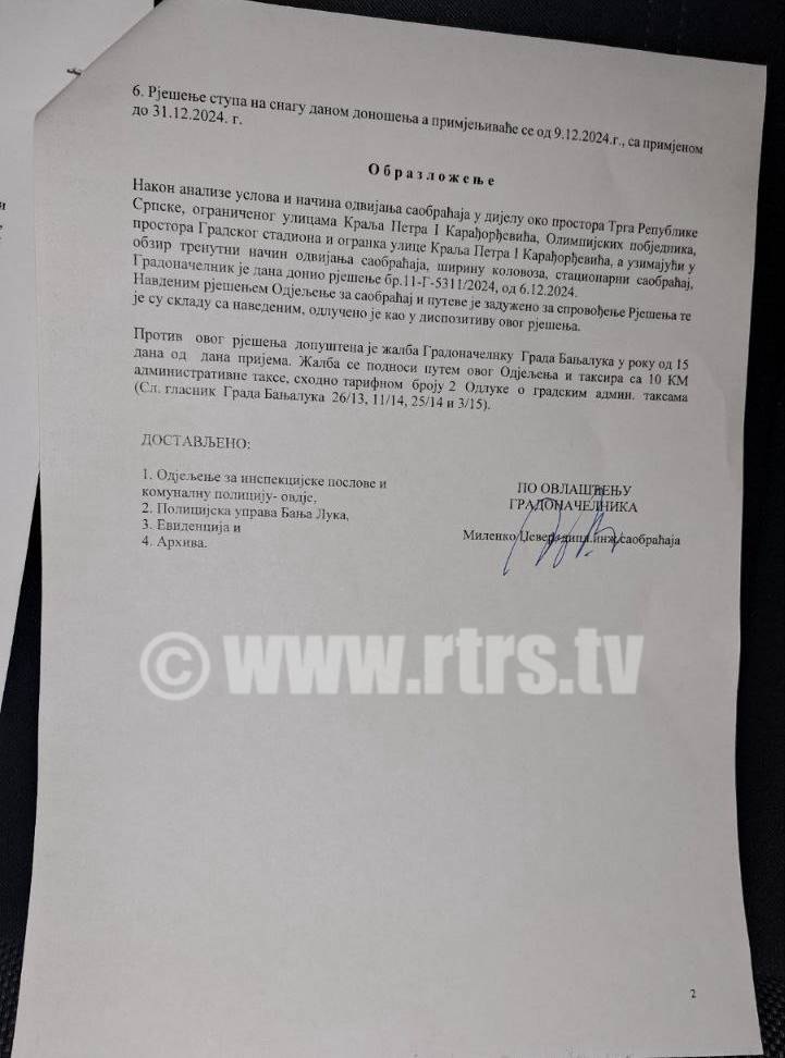 Rješenje gradonačelnika Banjaluke (Foto: RTRS)