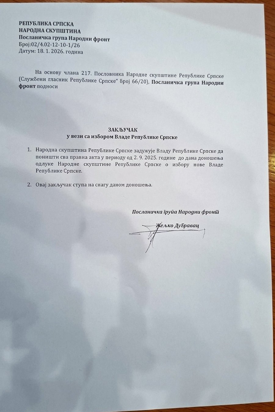 Zaključak, psolanička grupa Narodni front 