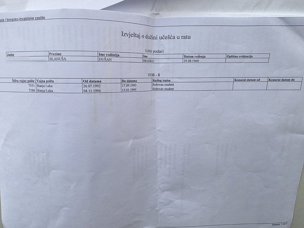 Izvještaj o dužini učešća u ratu (Ustupljena fotografija )