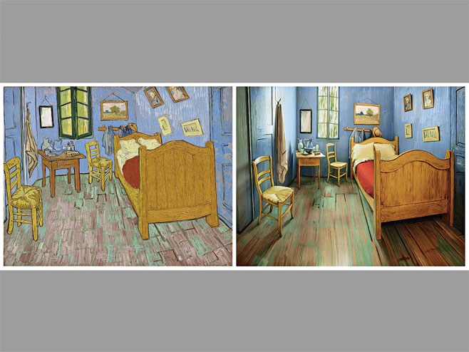 Лијево: соба коју је насликао Ван Гог, десно: соба по узору на слику - Фото: AP