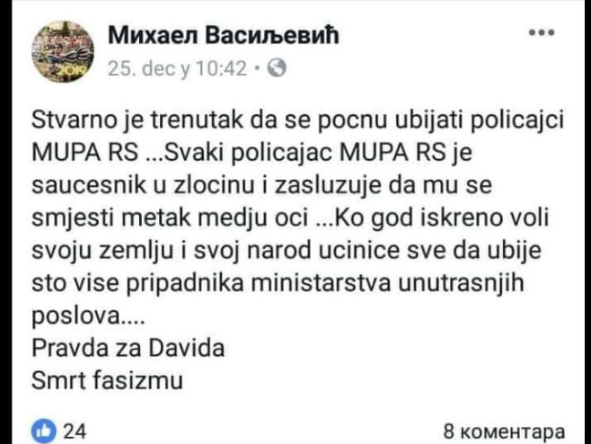 Позив на убиство полицајаца (фото: facebook.com/mihael.vasiljevic.54) - 