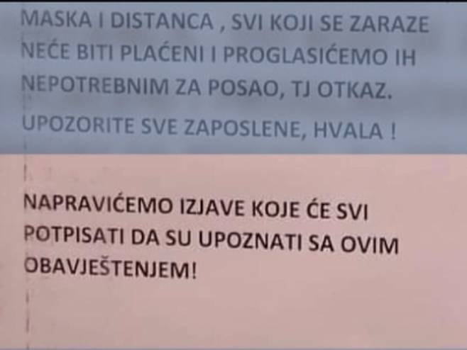 Пријетеће упозорење радницима Пријетеће упозорење радницима - Фото: РТРС