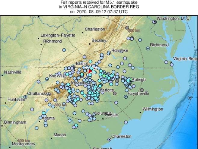 Епицентар земљотреса, Сјеверна Каролина (фото: twitter.com/LastQuake) - 