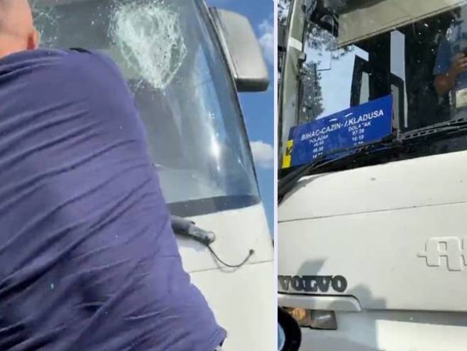 Polupana šajba na autobusu koji je prevozio migrante (Foto: radiovkladusa.ba) 