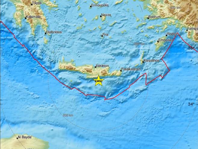 Епицентар земљотреса на Криту (фото: EMSC) - 