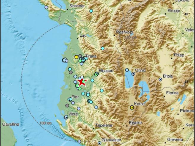 Епицентар земљотреса у Албанији (фото: twitter.com/LastQuake) - 
