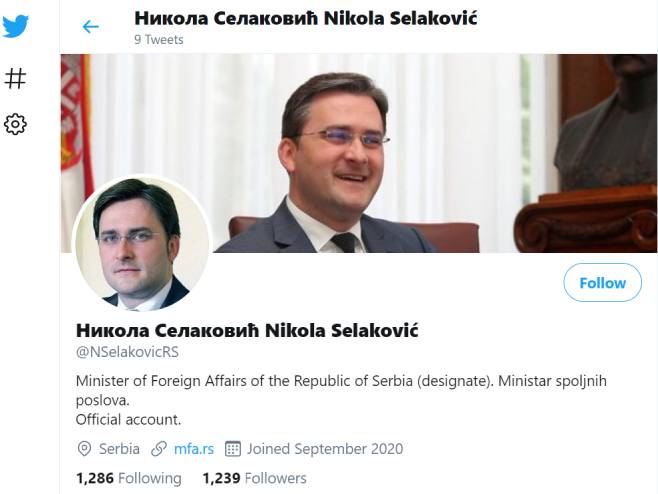 Лажни профил Николе Селаковића (фото: twitter.com/NSelakovicRS) - 