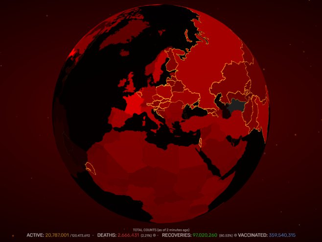 Свјетска карта вируса корона (фото: covidvisualizer.com) Свјетска карта вируса корона (фото: covidvisualizer.com) -