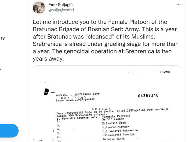 Суљагић на Твитеру објавио имена Српкиња Суљагић на Твитеру објавио имена Српкиња - Фото: Screenshot