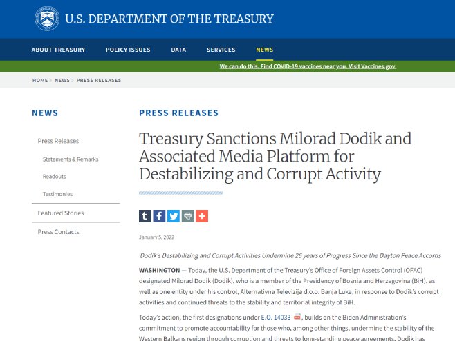 Сједињене Америчке Државе увеле санкције Милораду Додику и Алтернативној телевизији (Фото: home.treasury.gov) 