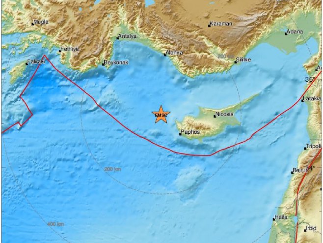 Епицентар земљотреса у близини Кипра (фото: emsc-csem.org) - 