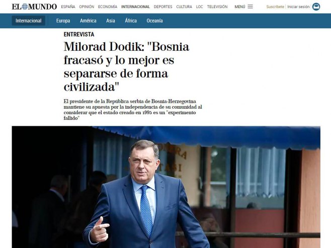 Интервју Додика за шпански "Ел Мундо" Интервју Додика за шпански "Ел Мундо" - Фото: Screenshot