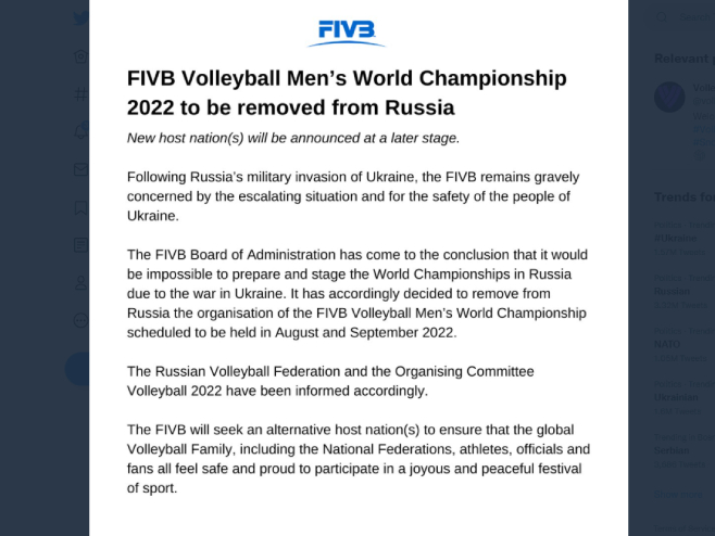 Саопштење Међународне одбојкашке федерације (фото: twitter.com/volleyballworld) - 