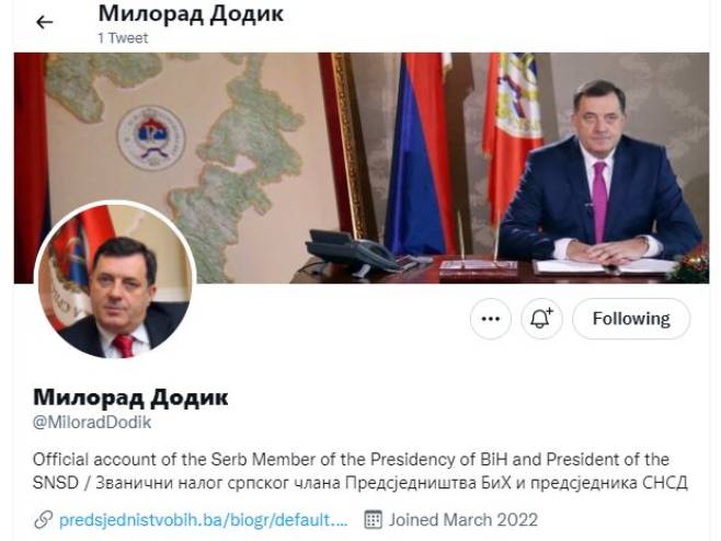 Званични Твитер налог Милорада Додика Званични Твитер налог Милорада Додика - Фото: РТРС