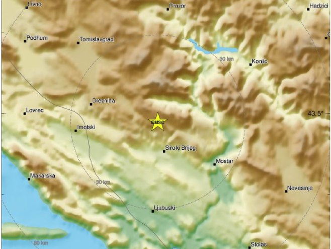 Епицентар земљотреса поред Широког Бријега (фото: emsc.eu) - 