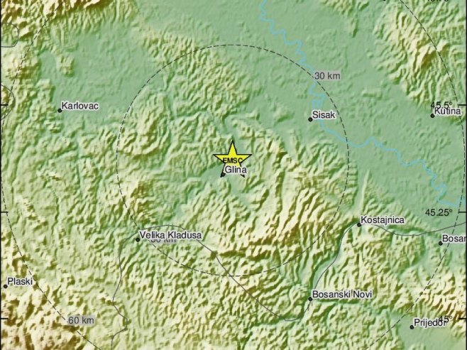 Епицентар земљотреса поред Глине (фото: emsc.eu) - 