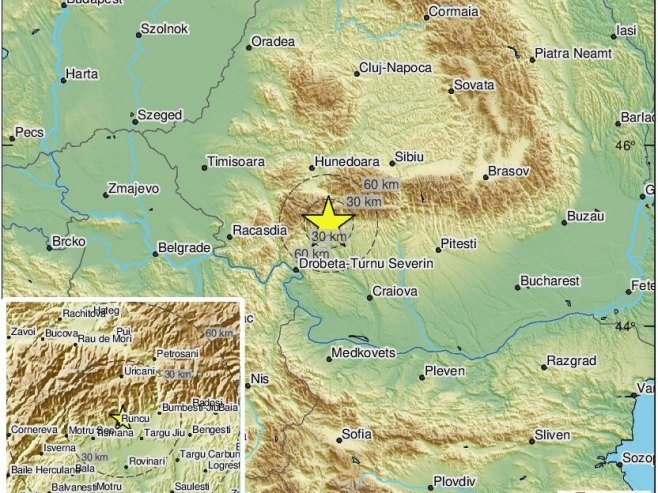 Епицентар земљотреса у Румунији (фото: twitter.com/LastQuake) - 