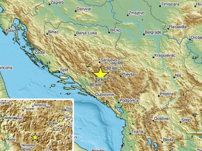 Земљотрес 2,8 степени по Рихтеру сјевероисточно од Мостара