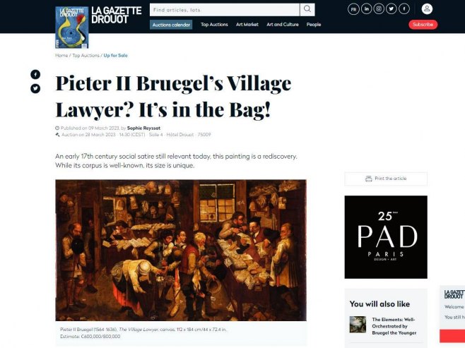 Бројгелов "Сеоски адвокат" на аукцији у Паризу