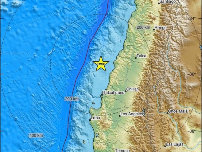 Епицентар земљотреса у Чилеу (фото: emsc-csem.org) - 