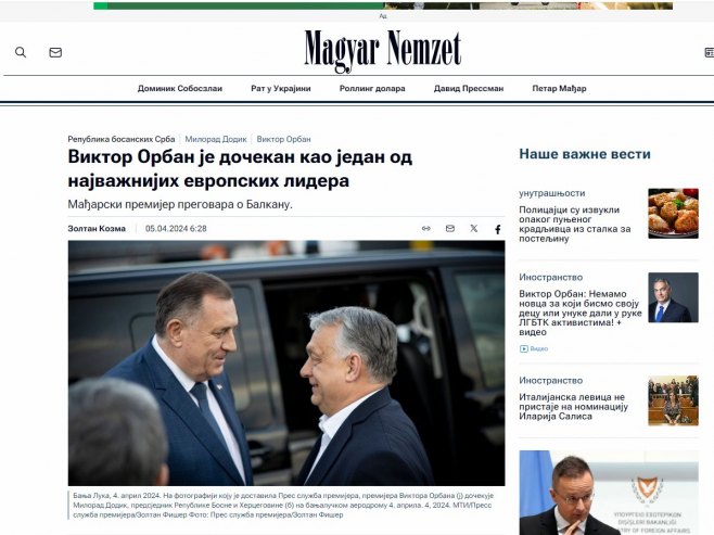 Писање мађарских медија о посјети Орбана Српској Писање мађарских медија о посјети Орбана Српској - Фото: Screenshot