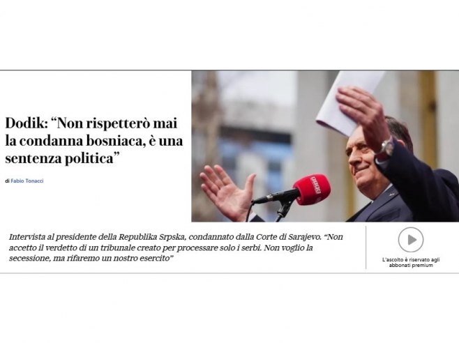 Додик за Ла Републику (фото: www.repubblica.it/screenshot) - 