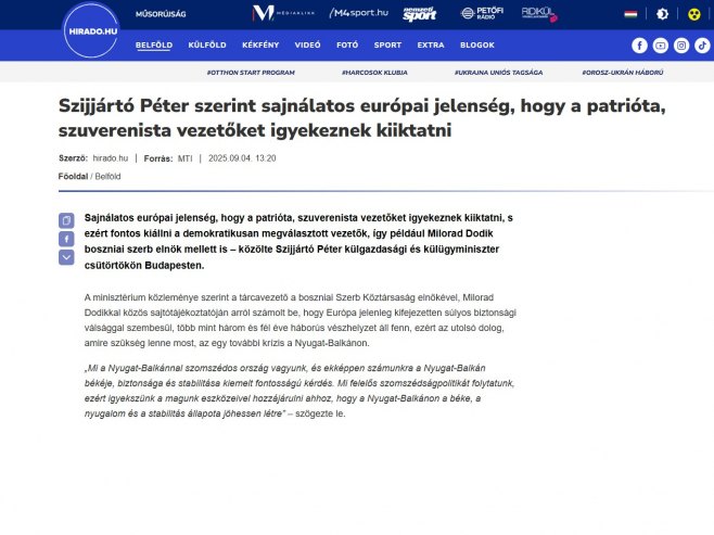 Mađarski mediji o Miloradu Dodiku (foto: hirado.hu/screenshot) 