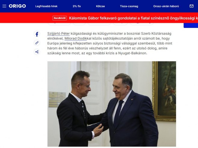 Mađarski mediji o Miloradu Dodiku (foto: origo.hu/screenshot) 