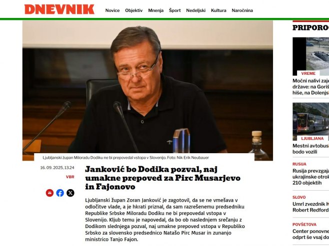 Градоначелник Љубљане: Не бих забранио предсједнику Српске Милораду Додику улазак у Словенију