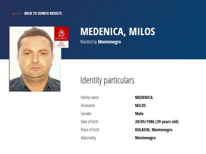 Црвена потјерница за Милошем Меденицом на страници Интерпола