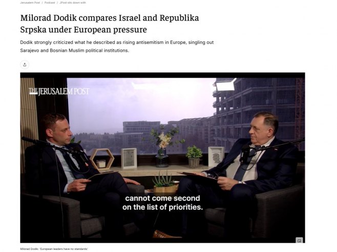 Додик за "Јерусалим пост" повукао паралеле између Израела и Републике Српске (ВИДЕО)