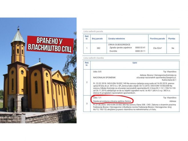 Црква у Зеници враћена у власништво Српске православне цркве