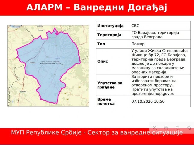 Угашен пожар у магацину за складиштење опасних материја у Барајеву
